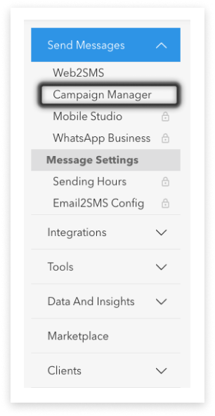 screenshot of SBM account main side-menu with 'Send Messages' open and 'Campaign Manager' highlighted