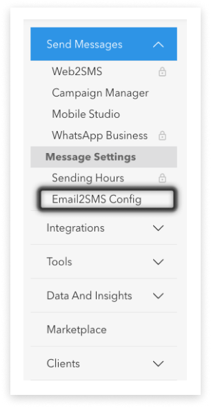 screenshot of SBM account main side-menu with 'Send Messages' open and 'Email2SMS Config' highlighted