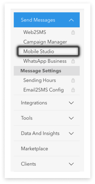 screenshot of SBM account main side-menu with 'Send Messages' open and 'Mobile Studio' highlighted