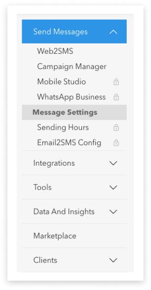 screenshot of Spark Business Messaging account main side-menu with 'Send Messages' open