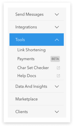 screenshot of SBM account main side-menu with 'Tools' open