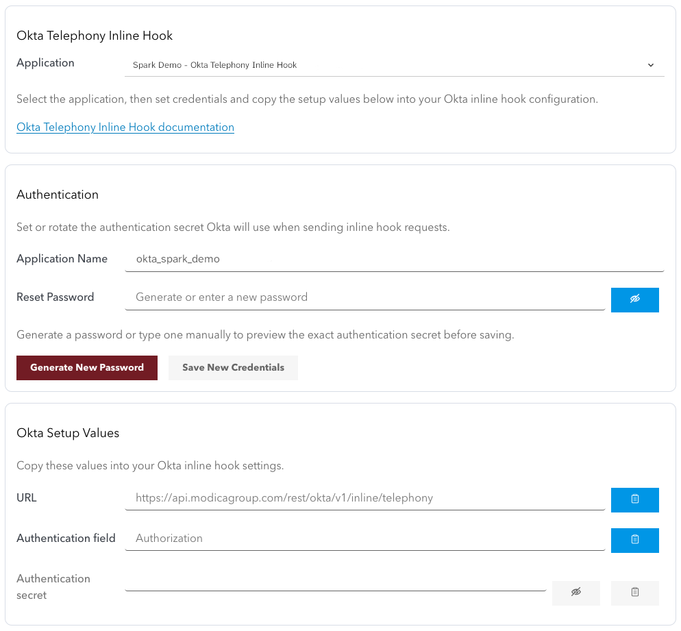 Screenshot of the Okta Inline Hook configuration page in Spark Business Messaging