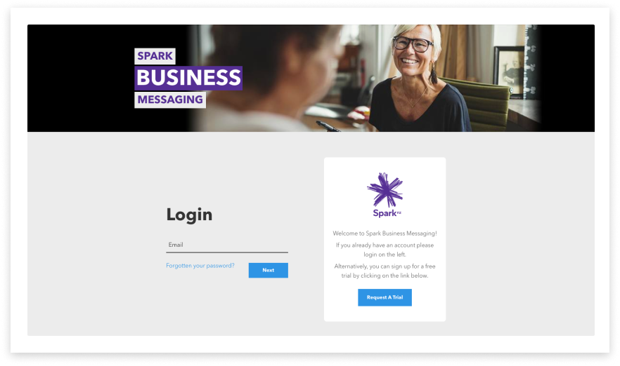 Colourful screenshot of the Spark Business Messaging login screen