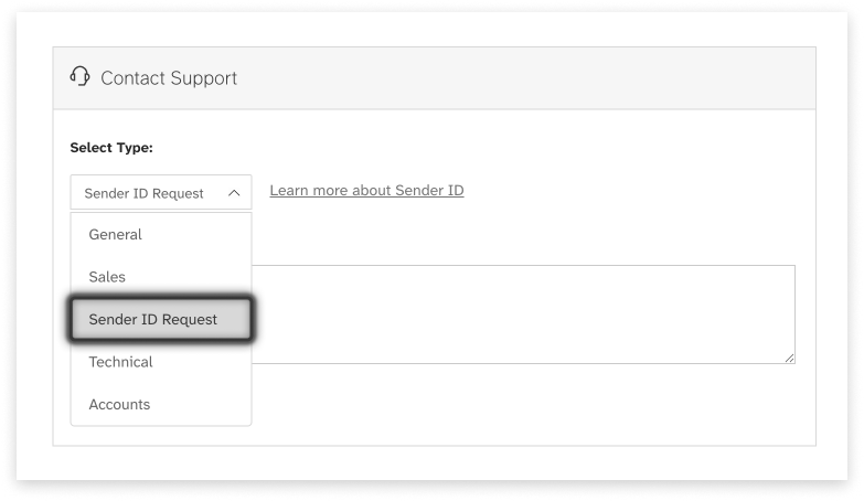 Screenshot of Support request quadrant on Dashboard with Sender ID Request selected in dropdown