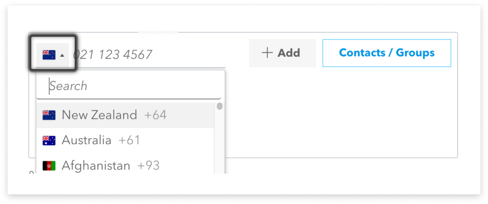 colourful screenshot showing options to add recipients when sending a New Message in Web2SMS UI