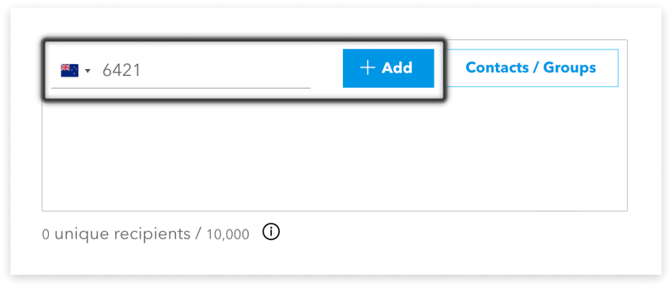 colourful screenshot showing options to add recipients when sending a New Message in Web2SMS
