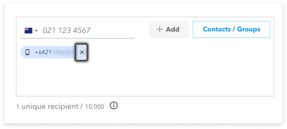 colourful screenshot showing options to add recipients when sending a New Message in Web2SMS